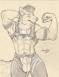 abs animal_genitalia anthro balls belt body_harness canid canine canis chaps ear_piercing flexing flexing_bicep furgonomics furry-specific_piercing genital_piercing genitals harness hi_res male male_focus male_only mammal monochrome muscular muscular_anthro muscular_male piercing richard_foley sepia sharp_teeth sheath sheath_piercing solo solo_male teeth wold wolf