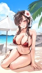 1girls bikini black_hair breasts female final_fantasy final_fantasy_vii final_fantasy_vii_rebirth final_fantasy_vii_remake foxyrain_(foxyreine) foxyreine hi_res huge_breasts light-skinned_female light_skin long_hair naughty_face outdoors red_eyes smile swimsuit tifa_lockhart