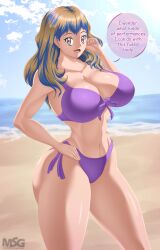 artist_logo beach big_breasts bikini blonde_hair blue_hair blue_sky dialogue fusion fusion_character long_hair magnificentsexygals miette_(pokemon) pokemon pokemon_(anime) pokemon_xy pokemon_xy_(anime) purple_bikini serena_(pokemon) sunlight text text_bubble thick_thighs