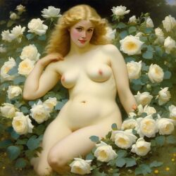 ai_generated belly blonde_hair blue_eyes breasts curly_hair curvy female flower flowers lips long_hair medium_breasts navel nipples nude presenting realistic rose_(flower) smile solo white_rose william_bouguereau