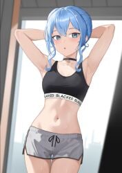 anime_style armpits blacked blacked_clothing blue_eyes blue_hair breasts cute diptip dolphin_shorts hololive hololive_gen_0 hololive_japan hoshimachi_suisei ponytail shorts sports_bra third-party_edit tummy virtual_youtuber vtuber