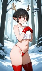 ai_generated antlers beach black_hair elf_ears eye_contact female gloves pixie_cut red red_eyes red_gloves seductive_expression short_hair smirk smug_expression stripper teasing usebackdooronly