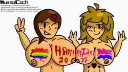 2025 2girls bisexual_pride_colors blonde_female blonde_hair bluesky_link body_paint breast_comparison breast_press breast_squeeze breasts breasts_out brown_hair brunette_hair deviantart female newgrounds_link oc paint paint_on_body paint_on_breasts pose pride_flag pride_month pride_month_2025 rainbow_pride_colors ruby_(surrealcock) surrealcock tagme trace_(surrealcock)