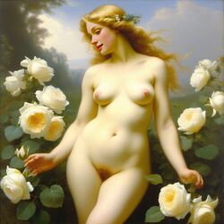 ai_generated belly blonde_hair blonde_pubic_hair blue_eyes breasts bushy_pubes curly_hair curvy female flower flowers lips long_hair medium_breasts navel nipples nude presenting pubic_hair realistic rose_(flower) smile solo white_rose william_bouguereau