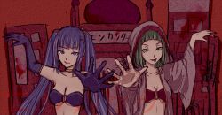 2girls :p aqua_eyes aqua_hair arabian arabian_clothes bikini_top blood bloody blue_eyeshadow blunt_bangs building cape choker city_background collarbone deviantart_link echidna_(maha's_story) egypt elbow_gloves encantada_(vocaloid) exotic_dancer eyeshadow female fingernails flag foreshortening gloves golden_choker green_eyes green_hair gumi hair_ornament hair_ribbon hairclip hand_up harem harem_outfit hatsune_miku hood_up hooded_cape hoodie japanese_text long_gloves maha's_story_series masa_works_design matryoshka-ruth medium_breasts mosque multicolored_eyes multiple_girls mv_character o-ring o-ring_top open_clothes palm_tree palms red_eyeshadow red_lipstick_mark red_nail_polish red_nails shaded short_bangs short_hair smile smirk song song_name sticking_tongue_out strips text the_dancer_(maha's_story) tongue topwear translated twintails upper_body very_long_hair vocaloid yellow_ribbon