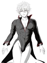 abs adapted_costume bulge cleavage cosplay crossdressing crossover dress gintama gintoki_sakata looking_at_viewer male male_only manly_crossdresser muscular muscular_male not_responding pecs popped_collar solo spot_color tatsumaki_(cosplay) tight_clothing