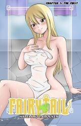 bath_towel bathroom blonde_hair blush brown_eyes dmayaichi fairy_tail fairy_tail_mark large_breasts looking_at_viewer lucy_heartfilia pink_tattoo smile tattoo tattoo_on_hand tattooed_hand