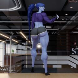 1girls 3d abs amelie_lacroix ass big_ass big_breasts black_fingernails black_nails black_thong blizzard_entertainment blue_hair elbow_sleeve female female_only fit fit_female gym looking_at_viewer muscular muscular_female muscular_thighs oiled oiled_skin oily overwatch overwatch_2 ponytail purple-skinned_female purple_skin shorts solo solo_female tattoo tattoo_on_stomach thick_thighs thunder_thighs vonsvaigen wide_hips widowmaker yellow_eyes