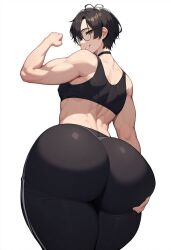 1boy 2024 ai_generated ass ass_focus big_ass black_hair femboy glasses green_eyes holding_own_ass huge_ass huge_butt looking_at_viewer male male_focus male_only novelai smirk tagme thick_ass thick_thighs yoga_pants