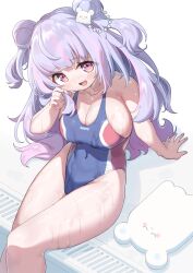 ameru_hoshifuru arm_support board character_name cleavage cute cute_fang english_text female large_breasts one-piece_swimsuit skin_fang star_(symbol) swimming_pool swimsuit text thighs virtual_youtuber wet wet_skin