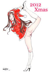 2012 blush boots bottomless breasts brown_eyes brown_hair censored christmas dated erect_nipples female full_body high_heel_boots high_heels jinjin large_breasts leg_lift long_hair looking_at_viewer on_one_foot open_mouth pussy santa_claus santa_costume santa_hat signature solo thighs white_background