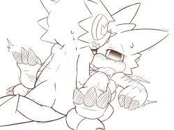 a_midnight_cat anthro bandai_namco blush bodily_fluids claws digimon digimon_(species) duo gumdramon hi_res lying male male/male male_penetrated male_penetrating male_penetrating_male on_back penetration scalie sex shoutmon sweat thrusting