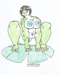 anthro big_breasts big_hips black_hair blue_nipples blue_pussy chubby_belly chubby_female frog_girl frog_humanoid frog_pose furry green_skin licking_lips lisa_frog_(waifuland) looking_at_viewer looking_seductive marlon64 naked_female short_hair solo traditional_drawing_(artwork) waifuland white_background white_skin