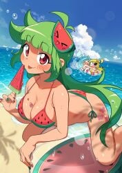 3girls ball beach beach_ball big_breasts bikini bra busty green_hair hair_ornament long_hair looking_at_viewer oregaihanboshi panties popsicle red_eyes seaside sitting_on_ball sitting_on_beachball sweat vannamelon vannamelon_(copyright) watermelon watermelon_beachball watermelon_bra