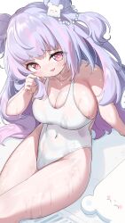 :3 :p ameru_hoshifuru arm_support blush board cute double_bun heart heart-shaped_pupils huge_breasts large_breasts one-piece_swimsuit see-through see-through_swimsuit skindentation swimming_pool swimsuit thighs tongue_out virtual_youtuber wet wet_skin white_swimsuit