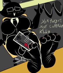 barefoot buisness_suit controller feet feet_focus foot_fetish game_and_watch glasses ms._game_and_watch nintendo suit vendetta_(artist)