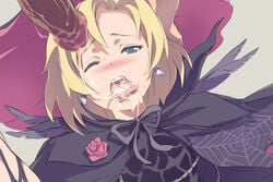 akira02 blonde_hair blue_eyes blush cape cave censored cum cum_in_mouth dark-skinned_male deathsmiles earrings fellatio hair mosaic_censoring oral penis rose sakura_(deathsmiles) tongue wince