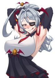 ahe_gao armpit_sweat armpits big_breasts clothing eye_patch geega heterochromia myth1c myth1carts pointy_ears smug smug_face virtual_youtuber vshojo white_hair