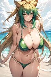 ai_generated alternate_breast_size atalanta_(fate) beach big_breasts big_tits bikini blonde blonde_hair fate/apocrypha fate/grand_order fate_(series) green_eyes green_hair huge_breasts milkcross sweat sweating swimsuit tagme thighs thighs_together