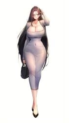 1girls 1woman 2d big_breasts black_bag black_eyes bodysuit brown_hair cardigan dongtan_dress edit edited female female_focus female_only hi_res high_resolution highres jacket korean korean_female manhwa necklace shoes small_jacket solo_female tagme tight_clothing white_background wide_hips