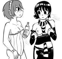 bare_shoulders breasts_out freckles hairband kim_pine knives_chau mob_face monochrome scarf scott_pilgrim seven_nights shirt_pull swimsuit tagme