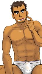 10s 1boy 2018 beard_stubble blush briefs brown_hair bulge erection gay human male male_only muscular muscular_male nipples pee_stain simple_background solo spread_legs stain sweat sweatdrop taku_hiraku underwear urine white_background white_underwear