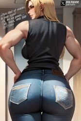 1girls ai_generated ass ass_focus back_view big_ass big_breasts big_butt blonde_hair confident dat_ass daulawkins english_text fat_ass from_behind from_below jeans jujutsu_kaisen large_breasts looking_at_viewer muscular muscular_female orange_eyes parted_lips sleeveless sleeveless_shirt smile smiling_at_viewer smug solo stable_diffusion text thick_lips thick_thighs thigh_gap thighs voluptuous yuki_tsukumo