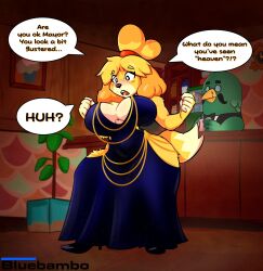 animal_crossing big_breasts bluebambo breasts brewster_(animal_crossing) curvy_figure dog_girl elegant_dress female isabelle_(animal_crossing) nintendo nosebleed thick_thighs wide_hips