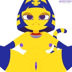 2024 :< animal_crossing ankha anthro areolae big_breasts blue_eyes blue_hair blue_nipples blue_pussy breasts dated feline furry looking_at_viewer navel nintendo nipples nude solo spicyboi spread_legs tagme tail twitter_username white_background yellow_fur