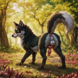 ai_generated animal_genitalia animal_penis anus ass balls black_body black_claws black_fur black_nose blp canid canine_penis cheek_tuft claws detailed detailed_background detailed_fur ears_up erection facial_tuft feral flower forest fur genitals glistening glistening_genitalia glowing glowing_eyes green_eyes hi_res iridescent knot light lighting male mammal multicolored_body multicolored_fur orange_body orange_fur outside penis perineum pink_anus plant presenting presenting_hindquarters raised_tail smile solo standing sunlight three-quarter_view tree tuft white_balls white_body white_fur white_perineum