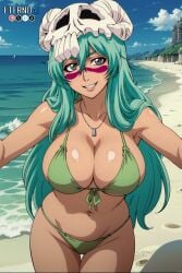 1girls adapted_costume ai_generated alternate_costume beach big_breasts bikini bikini_bottom bikini_top bleach bleach_brave_souls breasts busty cleavage curvaceous deviantart_username eternoai facepaint female female_only green_hair happy happy_female helmet looking_at_viewer nelliel_tu_odelschwanck nipples ocean palm_tree patreon_username pixiv_username revealing_clothes seaside smile smiling solo_focus swimsuit tied_hair twitter_username url voluptuous water watermark web_address wide_hips