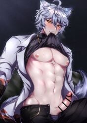 abs absurdres animal_ears bishonen censored commission fangs fox_boy fox_ears fox_tail grey_hair heterochromia highres kitsune male_focus pectorals penis_out skeb_commission stuffed_animal stuffed_toy tail virtual_youtuber yadome810