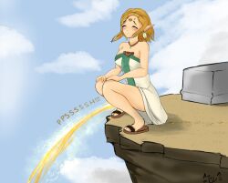 1girls blush breath_of_the_wild cliff closed_eyes clothing dress medium_breasts nintendo outdoors peeing princess_zelda sandals squatting tears_of_the_kingdom the_legend_of_zelda trij zelda_(tears_of_the_kingdom)