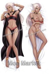 african_female anklet bare_breasts bare_legs bare_shoulders barefeet barefoot black_topwear blue_eyes boobs breasts cape dakimakura dakimakura_design dark-skinned_female dark_skin earrings exposed_breasts exposed_pussy feet female_only golden_accessories laying_on_back laying_on_bed loincloth looking_at_viewer midriff naked naked_female navel nipples nude nude_female posing pussy queen_la solo_female the_legend_of_tarzan white_background white_hair