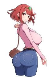 1girls big_breasts big_butt breasts butt clothed dat_ass female gonzarez huge_breasts huge_butt jeans large_breasts large_butt light-skinned_female light_skin nintendo pyra red_eyes red_hair short_hair simple_background tight_clothing xenoblade_(series) xenoblade_chronicles_2