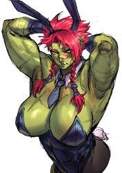 big_breasts blush bunnysuit cassandra_(virgoart1509) green_skin muscular muscular_female orc orc_female red_hair virgoart1509