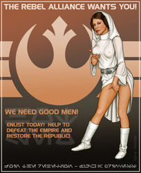 a_new_hope boots dress_lift fingering holding_breast nipples_visible_through_clothing no_bra princess_leia_organa recruitment_poster shabby_blue star_wars thighs