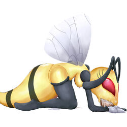 1boy 1girls anthro bee beedrill blowjob color disembodied_penis erection fellatio female insect male nintendo oral oral_sex partial_male penis pokemon simple_background smooth_penis stockings straight toony