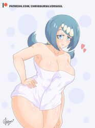 1girls areola_slip areolae big_breasts blue_eyes blue_hair breasts chrissursilversoul female female_only freckles freckles_on_face game_freak hair hand_on_hip heart heart hips lana's_mother_(pokemon) mature mature_female mature_woman milf mother pokemon pokemon_sm solo solo_female thighs towel towel_only