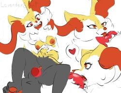 anthro bodily_fluids braixen bulge bulge_lick canid canine cum duo fellatio female fluffy fox genital_fluids genitals hi_res lavenderscent licking looking_pleasured male male/female mammal nintendo oral penetration penile penis penis_lick pokemon pokemon_(species) sex tongue vaginal_penetration