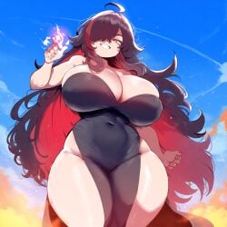 ai_generated amber_eyes ameanon black_dress dark_hair female large_breasts sorceress sorceress_sophia thick_thighs two_tone_hair villainess witch