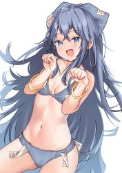 :d bare_shoulders bikini blue_bikini blue_bow blue_eyes blue_hair blush bow bracelet breasts breasts_apart collarbone commentary_request cowboy_shot crossed_bangs eyelashes female floating_hair gluteal_fold hair_between_eyes hairbow hands_up happy head_tilt highres jewelry long_hair looking_at_viewer medium_breasts messy_hair midriff navel open_mouth paw_pose saimu_taju shion_yorigami sidelocks simple_background smile solo stomach swimsuit touhou tsurime very_long_hair white_background yorigami_shion