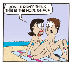 1boy 1girls beach breasts duo english_text female garfield_(series) hyper_eyes jon_arbuckle liz_wilson looking_at_another male mole_(artist) newspaper_comic_strip nude sitting text water