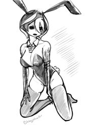 big_breasts bunny_ears bunnysuit cleavage creepy detached_collar elbow_gloves female female_only full_body gloves hair_between_eyes kingjoshuaart kneeling made_in_abyss monochrome ozen playboy_bunny short_hair sketch solo thighhighs two_tone_hair