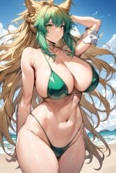 1girls ai_generated alternate_breast_size atalanta_(fate) beach bikini blonde_hair cleavage detailed_background fate/apocrypha fate/grand_order fate_(series) female green_eyes green_hair huge_breasts large_breasts lion_ears lion_girl milkcross sky solo swimsuit tagme two-tone_hair water wide_hips