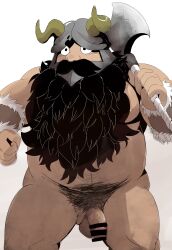 1boy absurdres axe bara battle_axe beard belly brown_hair completely_nude dungeon_meshi dwarf facial_hair fake_horns fat fat_man flaccid hachirouta helmet highres holding holding_axe horned_helmet horns long_beard looking_ahead male male_focus male_only male_pubic_hair muscular muscular_male nipples nude obese obese_male over_shoulder overweight overweight_male pectorals penis pubic_hair senshi_(dungeon_meshi) solo standing thick_mustache very_long_beard weapon weapon_over_shoulder