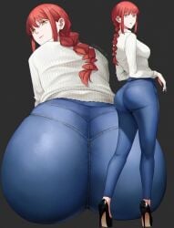 big_ass big_breasts big_butt black_shoes chainsaw_man earring high_heels inkspirate light-skinned_female long_legs looking_at_viewer looking_back makima_(chainsaw_man) red_hair shirt sitting sitting_down sweater white_sweater yellow_eyes