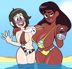 2girls aged_up arm_around_shoulders beach bikini black_hair blush breast_squish cartoon_network chloe_park chocolate_and_vanilla connie_maheswaran crossover dark-skinned_female drink drunk embarrassed glasses huge_breasts in_water large_breasts long_hair looking_at_viewer multiple_girls pale-skinned_female short_hair smile smiling smiling_at_viewer steven_universe superspoe water we_bare_bears