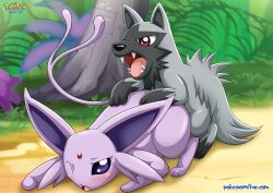 bbmbbf blush eeveelution espeon fangs female feral feral_on_feral male male/female nintendo one_eye_closed open_mouth palcomix pokémon_(species) pokemon pokemon_(species) pokepornlive poochyena sex tongue