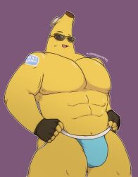 1boy 2023 abs banana belly_button blue_clothing blue_underwear bodily_fluids brown_clothing brown_gloves brown_handwear bulge clothed clothing elemental_creature elemental_humanoid epic_games eyewear fingerless_gloves flora_fauna food food_creature food_humanoid fortnite fruit fruit_humanoid gloves handwear hi_res humanoid living_fruit lustjou male male_only muscular navel nipples open_mouth pecs peely plant plant_humanoid purple_background simple_background solo standing sunglasses sweat topless underwear yellow_body yellow_nipples yellow_skin